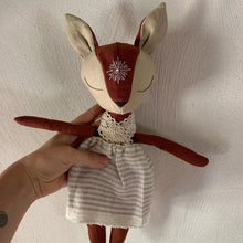 Charger l'image dans la galerie, Close-up of handmade linen fox spirit guardian doll with a hand-embroidered star on its forehead, wearing a natural striped skirt with lace straps.